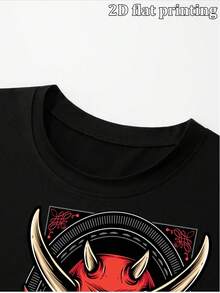 Japanese Red Oni Demon Mask Graphic Print Men's Oversized Short Sleeve T-Shirt, Casual Loose Round Neck Streetwear Tops For Men Daily Casual We - Black - View 5