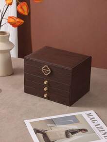Jewelry Storage Box, Artificial PU Leather Walnut Wood 3-Layer Wooden Jewelry Box With Velvet Lining, Earring And Ring Storage Box, Large Capacity Drawer Design, Suitable For Necklaces, Bracelets (3 Layers) - Multicolor - View 14