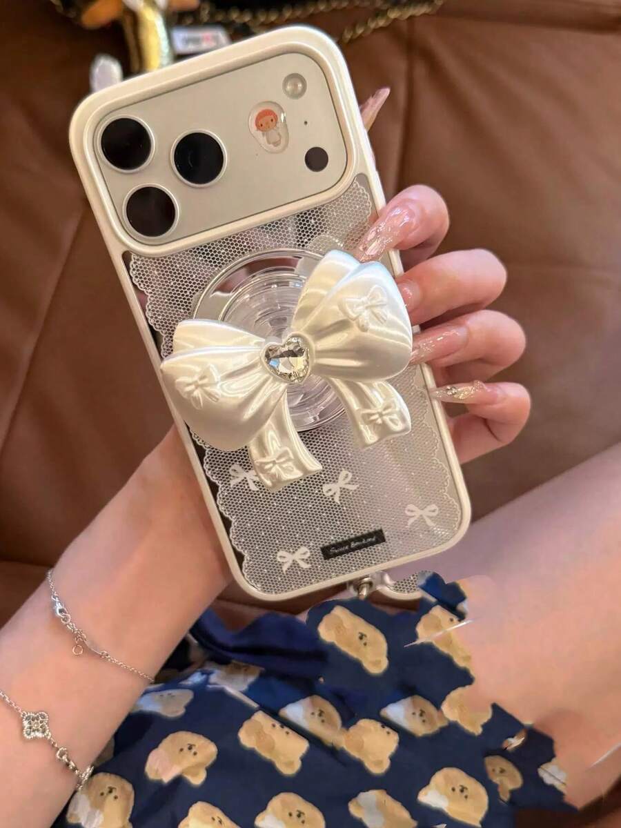 Lace Flower Bow Mirror Magnetic Phone Stand Compatible With Apple 17 Pro Max Phone Case, 16 Pro New 16 Women 17 Pro With Wrist Strap 15 Pro Full Coverage Anti-Drop 18 Pro Max Phone Cover 18 - Multicolor - View 1