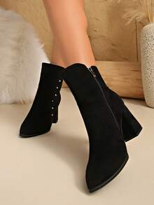 Women's Side Zipper Chunky Heel Chelsea Boots, Fashion Studs Decor, Comfortable Chunky Heel Height-Increasing Slimming Ankle Boots - Brown - View 8