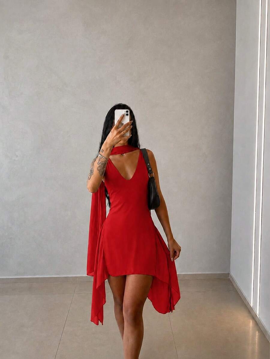 Aycha Women's Shaping Suplex Dress With Tulle V-Neck And Multifunctional Scarf Elegant Party Fashion - (34 - 40) - 紅色 - 查看 1