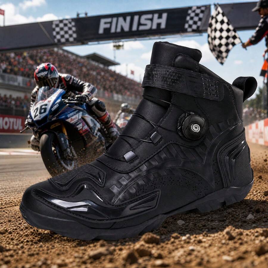 New Men's Casual Motorcycle Boots, Suitable For Combat, Fashionable Motorcycle Shoes, Riding Shoes, With Rotating Buckle, PU Upper Motorcycle Shoes - Black - View 1