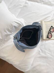 時尚黃色尼龍防水單肩包，極簡休閒學院風，寬肩帶，多拉鍊設計，適合學生 - 淺藍色 - 查看 5