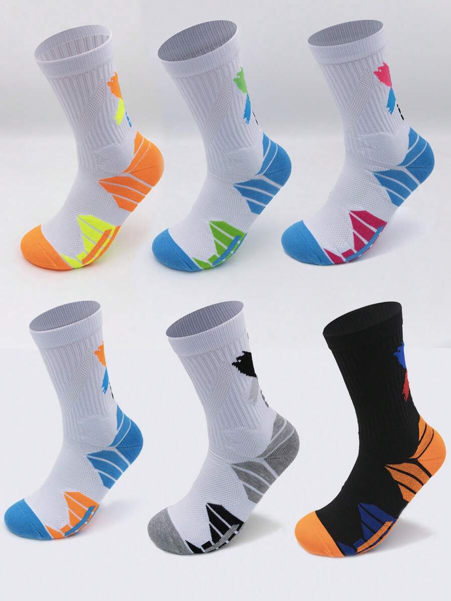 1 Pair Men's Sports Socks, Multi-Color Mid-Calf Towel Bottom, Anti-Odor, Moisture-Wicking, Professional Sports Socks For Outdoor Running, Basketball, Elite Socks - Multicolor - View 1