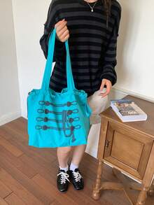 女款格紋亞麻單肩包，適合日常出行、旅行、購物與街頭逛街 - 藍色 - 查看 3