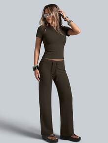 NcmRyu Conjunto deportivo de mujer de un solo color con cuello redondo, manga corta, cordón y pantalones de pierna recta - Marrón Mocha - Ver 8