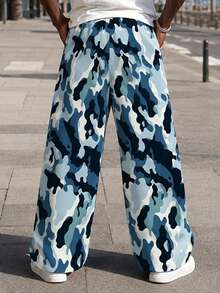 Plus Size Men's Pants Gradient Blue Camouflage All-Over Print Loose Wide Leg Design Drawstring Adjustable Waistband Lazy Loose Fit Casual Long Pants - Baby Blue - View 5