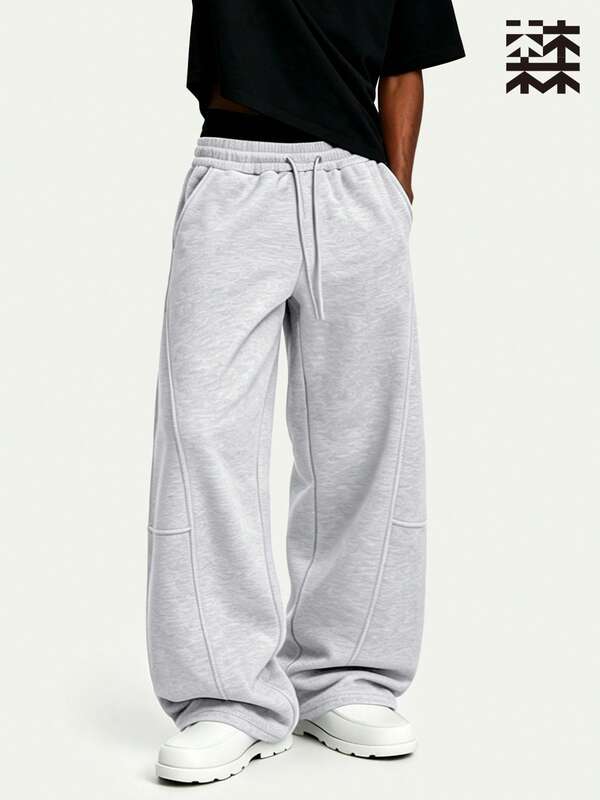 mulinsen Men's Solid Color Drawstring Elastic High Waist Split Wide Leg Floor-Length Sweatpants, Heavyweight Fleece Fabric, 3D Multi-Panel Split Design With Contrast Stitching, Japanese Style, Casual Long Pants For Commuting, Travel, Daily Wear