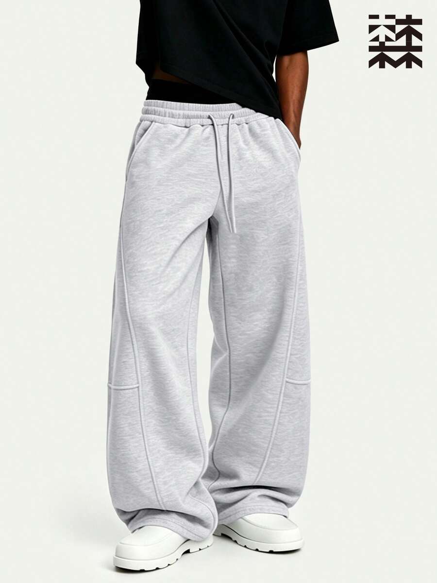 mulinsen Men's Solid Color Drawstring Elastic High Waist Split Wide Leg Floor Length Sweatpants, Heavyweight Fleece Fabric, 3D Multi-Panel Split Design With Contrast Stitching, Japanese Style, Casual Long Pants For Commute, Travel, Daily Wear - Grey - View 1