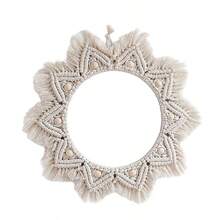 1pc Bohemian Style Wooden Printed Tassel Wall Mirror, Faux Woven Hanging Mirror, Living Room Bedroom Wall Decor, Premium Wall Decoration, Suitable As Thanksgiving, Christmas, Halloween Gift, Also For Bedroom Decoration, Ideal Gift For Friends And Family - Beige - View 6