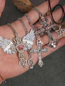 5pcs Vintage Gothic Rhinestone Heart Angel Necklace Black Wings Angel Cross Necklace Subculture White Wings Couple Sweater Chain Star Women Necklace Set, Bohemian Style Wings Necklace, Y2K Women Necklace - Silver - View 11