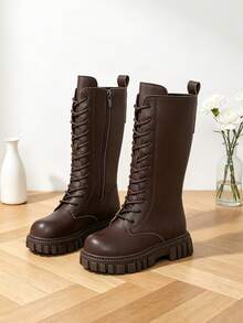 2026 New Cute Campus Style Dark Brown Knight Long Boots For Kids, British Style Children's Lace-Up Wear-Resistant Thick Sole Tall Boots, Suitable For Daily School Life, Simple Vintage Versatile Boots For Girls - Brown - View 8