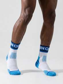 1/4 Pair Men's Sports Socks, Running Socks, Basketball Socks, All Season Wear, Soft And Comfortable Letter Pattern, Geometric Color Block, Mid-Calf Running Socks, Suitable For Daily Running, Fitness, Sports Socks, Autumn - Multicolor - View 6
