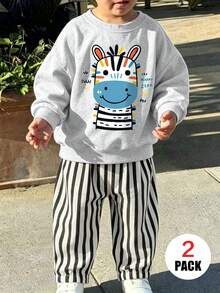 2件組男嬰秋冬卡通斑馬圖案圓領衛衣＋條紋長褲套裝，寬鬆休閒風，適合日常外出 - 彩色 - 查看 2