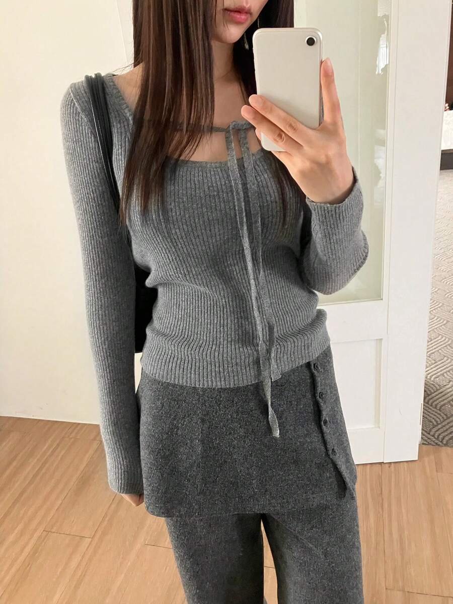 Korean Chic Spring Elegant Square Neck Tie-Up Slim Fit Long Sleeve Knit Sweater - Dark Grey - View 1