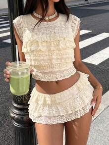 Conjunto de top y falda de punto con encaje jacquard, fruncido y cuello redondo para primavera/verano - Beis - Ver 1