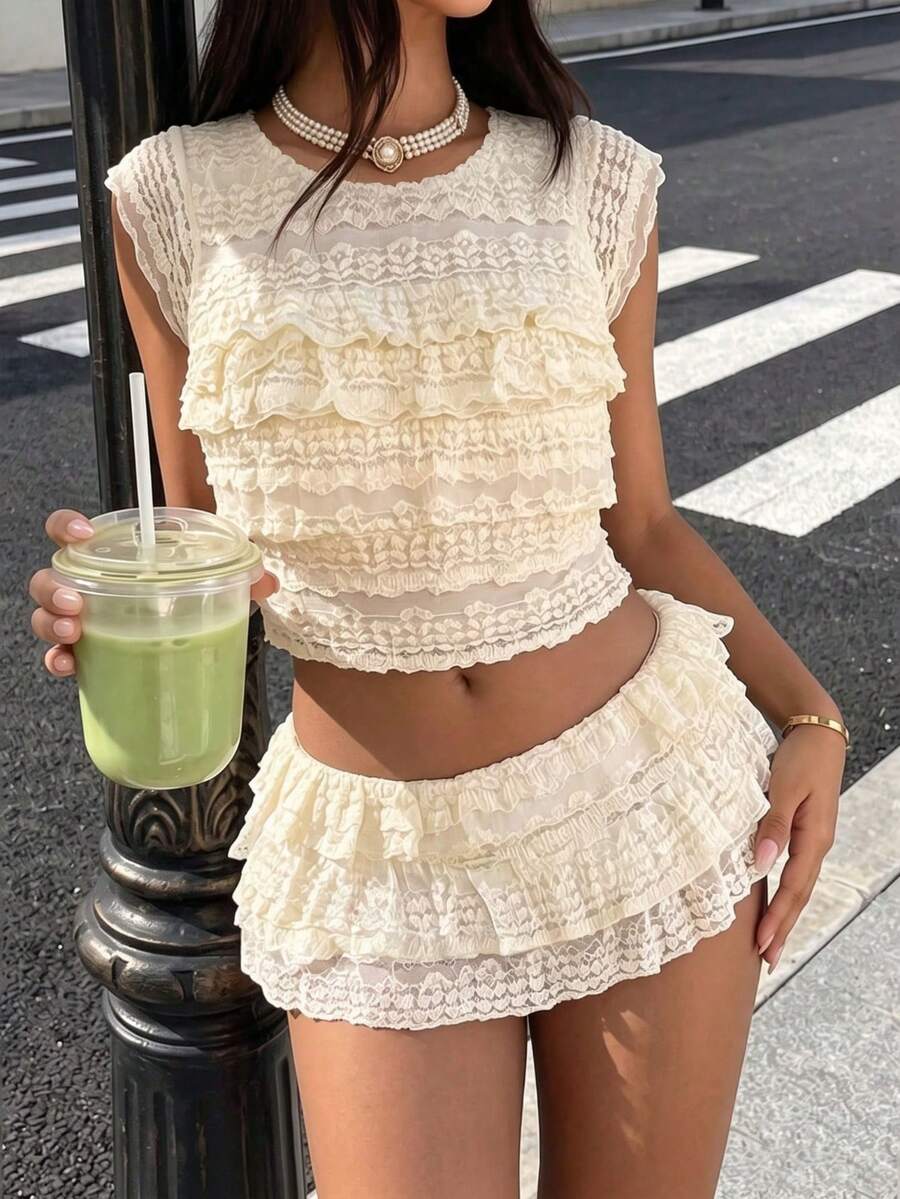 Conjunto de top y falda de punto con encaje jacquard, fruncido y cuello redondo para primavera/verano - Beis - Ver 1
