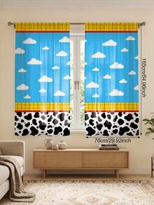 2pcs Color Block Cow & Cloud Rod Pocket Curtains, Polyester Fabric, American Style Patchwork Print, Fashion Living Room Bedroom Home Fabric Curtains - Multicolor - View 18