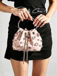 Túi đeo chéo cầm tay dáng xô cho nữ, viền đá rhinestone, tay cầm tròn, thiết kế dây rút tua rua, túi xách phong cách tiên nữ ngọt ngào, phù hợp cho đám cưới mùa xuân, tiệc cô dâu, hẹn hò, váy dạ hội trang trọng, đám cưới, tiệc sinh nhật và lễ tốt nghiệp - Hồng - Xem 9