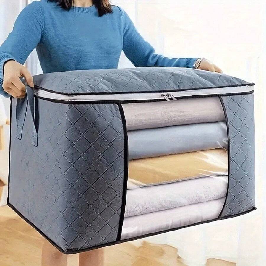 1pc Extra Large Handle Storage Bag, Portable Clothing & Bedding Organizer Bag With Transparent Window, Durable Polyester Material - Grey - View 1