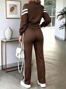 Spring Autumn Winter Women's New Fashion Colorblock Long Sleeve Top Jacket + High Waist Casual Versatile Straight Leg Pants Set, 2 Pieces Outfit - Dark Brown - View 6
