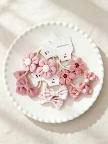 10-Piece Girls' Floral Bow Hair Tie Set, Knitted Daisy Elastic Headband, Mixed Color Plaid Polka Dot, Soft And Gentle Hair Ties. - Multicolor - View 13