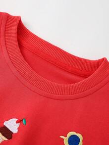 Girls Round Neck Long Sleeve Sweatshirt With Small Flutter Sleeves, Ruffle Hem, Mermaid, Flamingo, Ice Cream Multi-Element Embroidery, Loose Sweet Casual Pullover Sweatshirt For Toddlers And Young Children - Red - View 4