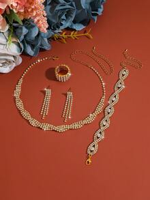 Women's Luxury Fashion Jewelry 4-Piece Set, Rhinestone Necklace, Earrings, Bracelet And Ring, Elegant And Noble, Perfect Accessory For Weddings, Parties And Various Occasions - Yellow Gold - View 3