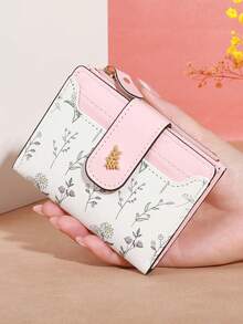 Casual Leaf Hardware Button Small Bi-Fold Wallet | Faux Leather, Mixed Colors, Flip Pocket, Polyester Lined, Snap Closed, Lightweight - Pink - View 2