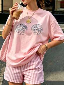 Maglietta da donna con motivo a conchiglia - Maglietta a maniche corte con stampa carina di conchiglia di sirena, top estivo casual a collo tondo e vestibilità ampia, rosa - Rosa - Visualizzare 1