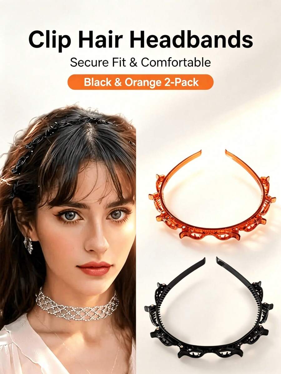 4/2/1pc Women's Multi-Clip Headband, Non-Slip Comfortable Woven Hairband With Multiple Small Clips, Black And Amber Dual-Color Hair Styling Tool, Simple DIY Hair Accessory For Daily Makeup, Face Washing, Sports And Party, Suitable For All Hairstyles, Unbreakable Plastic Hair Frame - Multicolor - View 1