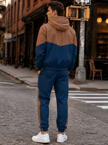 1 Set Men's Loose Brown & Navy Colorblock Sports Outfit, With Contrast Striped Joggers, Minimalist Street Style - Teal Blue - View 3