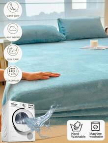 Crystal Velvet Solid Lake Blue Soft & Comfortable Bedding Set (1*Fitted Sheet + 2*Pillowcases), Machine Washable, Suitable For Bedroom & Guest Room, All Seasons - Mint Blue - View 9