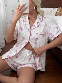 2件組女款春夏舒適花卉印花短袖翻領上衣與蝴蝶結短褲睡衣套裝 - 紫色 - 查看 5