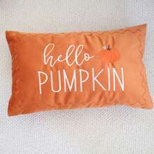 1pc Autumn Pumpkin Throw Pillow Cover, Thanksgiving Hello Pumpkin Embroidered Pillowcase, Sofa Decor Suitable For Autumn Home Decoration - Orange - View 3
