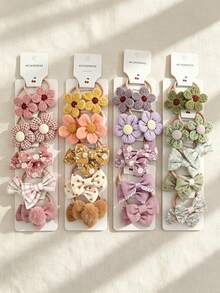10-Piece Girls' Floral Bow Hair Tie Set, Knitted Daisy Elastic Headband, Mixed Color Plaid Polka Dot, Soft And Gentle Hair Ties. - Multicolor - View 2
