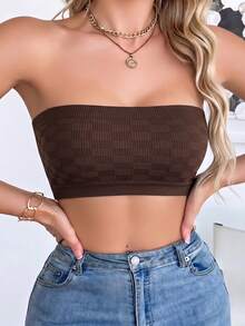 1pc Dark Brown American Hot Girl Seamless Ribbed Checkerboard Texture Strapless Bandeau, Non-Slip Boob Tube - Brown - View 3
