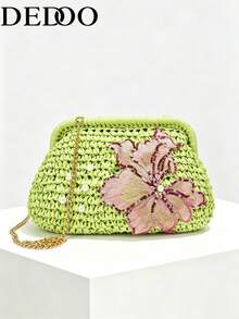 Dedoo 花卉刺繡編織草編手拿包，珍珠裝飾金屬鍊條復古夏季斜挎女款手提包，適合海灘派對與度假 - 綠色 - 查看 3
