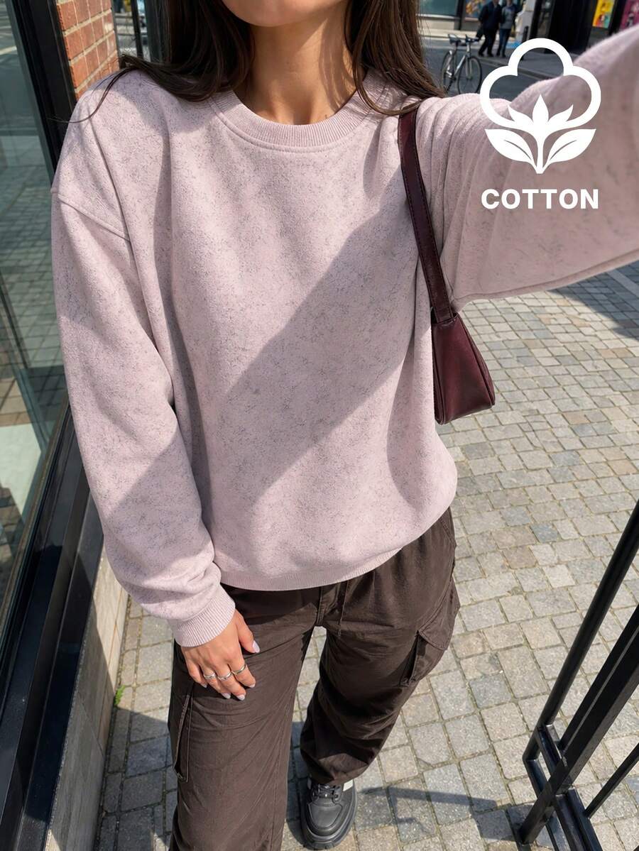 Women's Long Sleeve Crew Neck Ribbed Knit Pullover Sweatshirt, Regular Length Pure Cotton Top, Suitable For Autumn Outdoor Wear - Pink - View 1