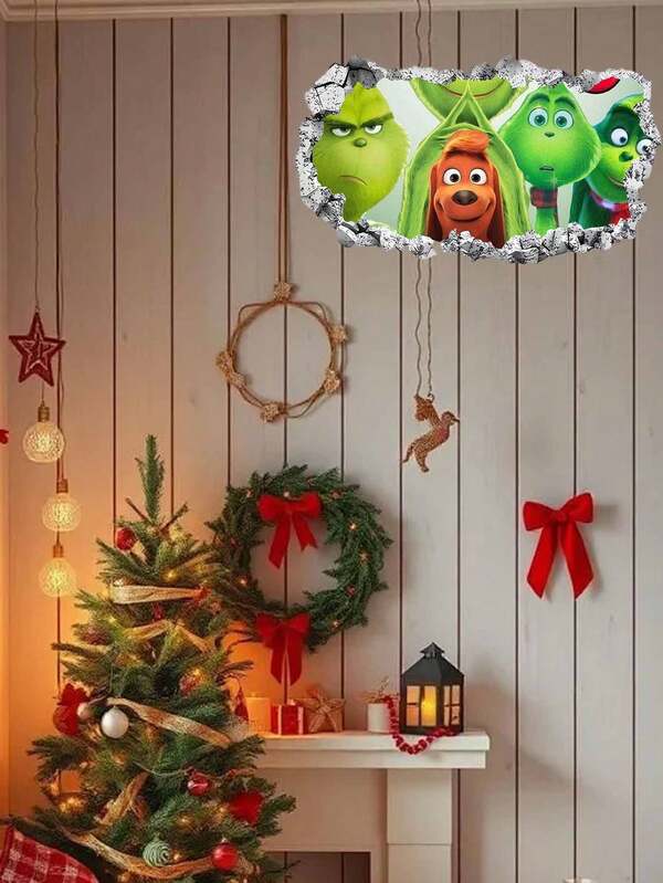 The Grinch Family Max Dog 3D 破牆貼紙，多款卡通角色裂牆壁貼，聖誕客廳牆面裝飾，聖誕假期室內居家聚會派對背景牆飾