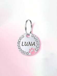 1pc Customized Pet Tag With Rhinestones, Pet Collar Pendant Customizable Pet ID And Contact Information, Round Alloy Charm, Gift For Pets - Multicolor - View 8
