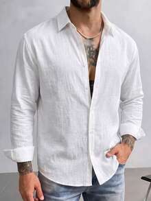 Men's Pure White Single-Breasted Casual Versatile Daily Long Sleeve Shirt, Loose Fit Lightweight Breathable, Old Money Quiet Luxury Style, Suggest Ordering One Size Smaller - White - View 3