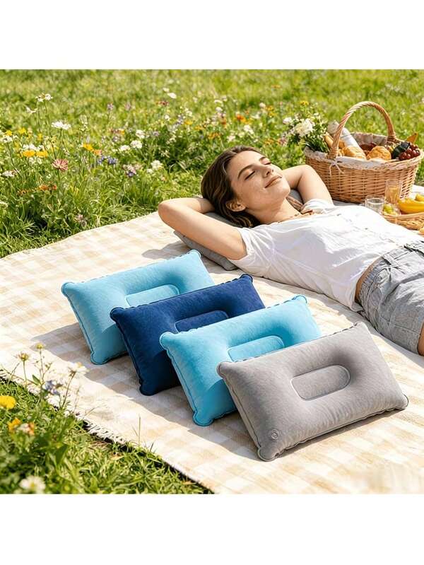 Ultra Light Flocked Inflatable Travel Pillow, Foldable A4 Size Portable Air Cushion With Neck & Waist Support, Washable Square Inflatable Pillow For Airplane Car Office Nap Hiking Camping Holiday Trip Rest Supplies