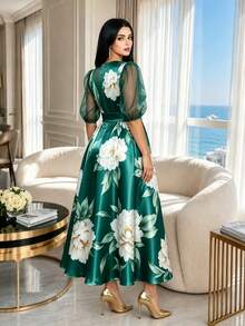 SHEIN Lady CURVE Plus Size Round Neck Raglan Petal Sleeve Summer Elegant Floral Print Dress Olive Green Birthday Evening Wedding Evening Evening Bride Vacation - Green - View 2