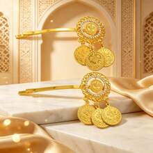 1 Pair Arabic Style Embossed Coin Pendant Hair Clips, Premium Inlaid Straight Clip Bridal Accessories - Gold - View 7