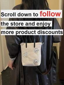 1件女款對比色手提包，時尚玫瑰裝飾拉鍊開合，適合約會禮物 - 米色 - 查看 2