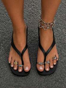 5pcs Vintage Multi-Color Rhinestone Open Toe Rings Set, Y2K Hot Girl Beach Vacation Metal Toe Rings, Open Toe Sandals Accessory - Silver - View 6