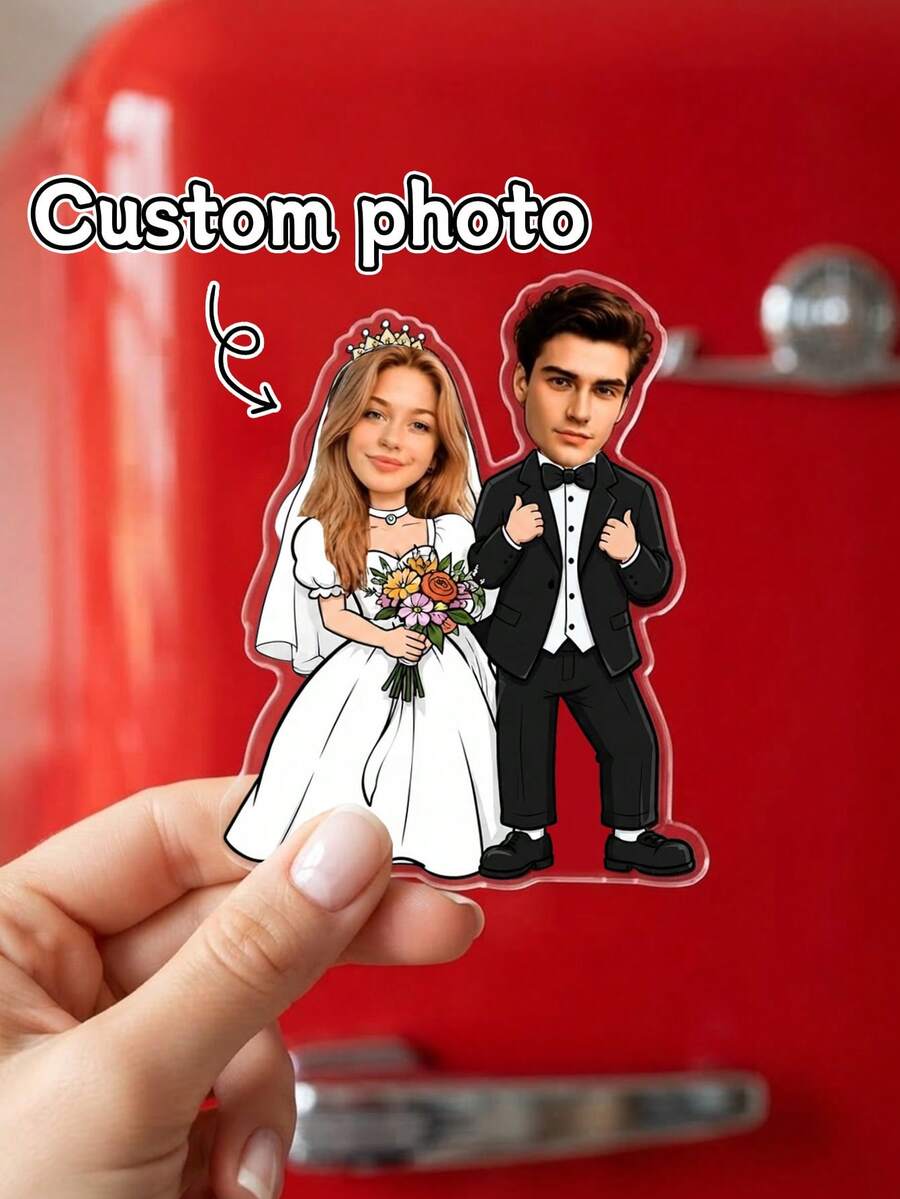 Custom Photo Bride Groom Acrylic Fridge Magnet, Couple Portrait. Personalized Wedding Keepsake Decor, Ideal Bridal Shower Engagement Kitchen Ornament. - Multicolor - View 1
