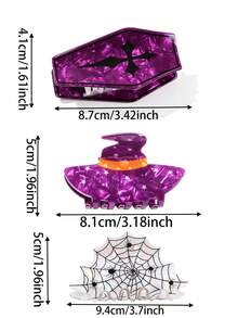 萬聖節主題髮夾套組，獨特創意設計，包含蜘蛛網、魔女帽與棺材髮夾，防滑女用髮飾，適合粗髮與細髮 - A - 查看 4