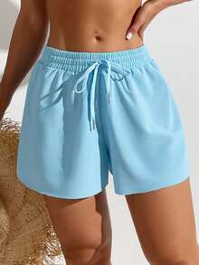 Damen einfache Badeshorts mit Kordelzug aus Unifarbe, Lässig für den Sommer - Heißes Pink - Übersicht 1